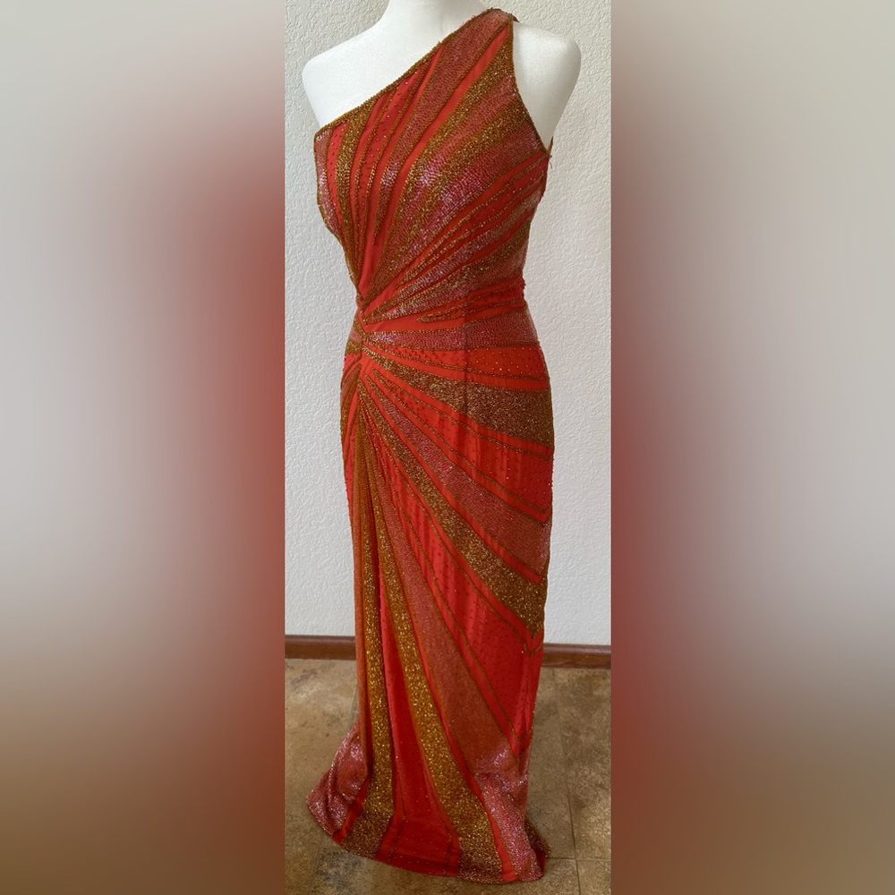 Elegant Red and Gold One-Shoulder Dress